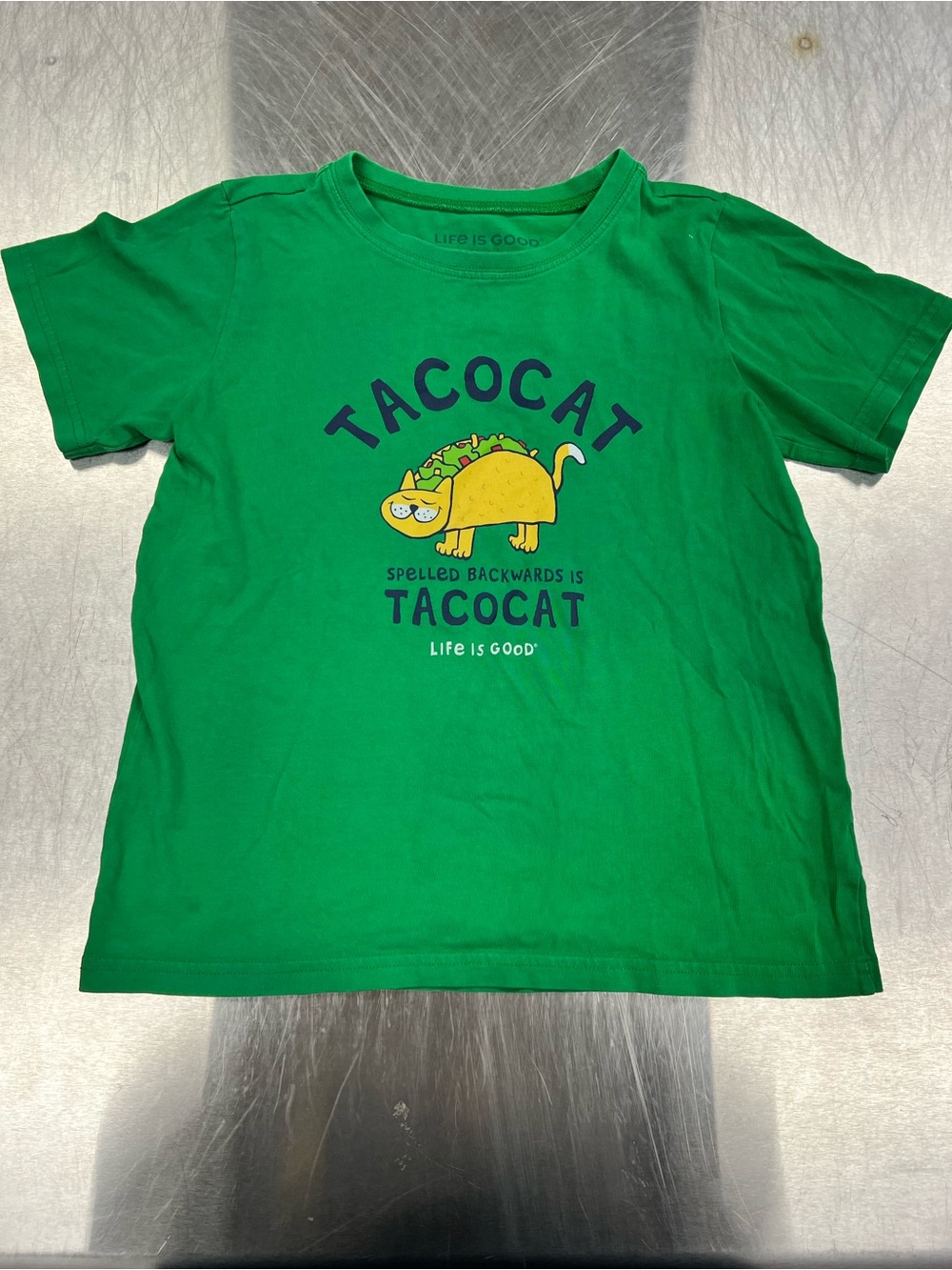 Life Is Good Green Kids Tacocat Graphic Tee with Yellow Taco Cat Xl
